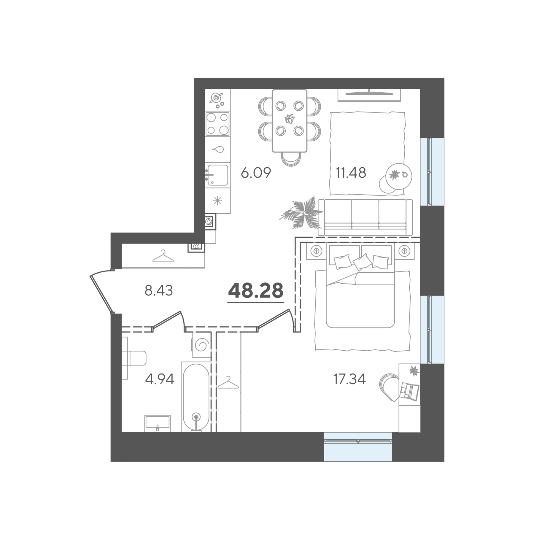 Один человек или пара, 31–51 м²